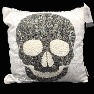 14" SKULL Spider Web Halloween Beaded Embroidered Throw Pillow Mortar & Bone New
